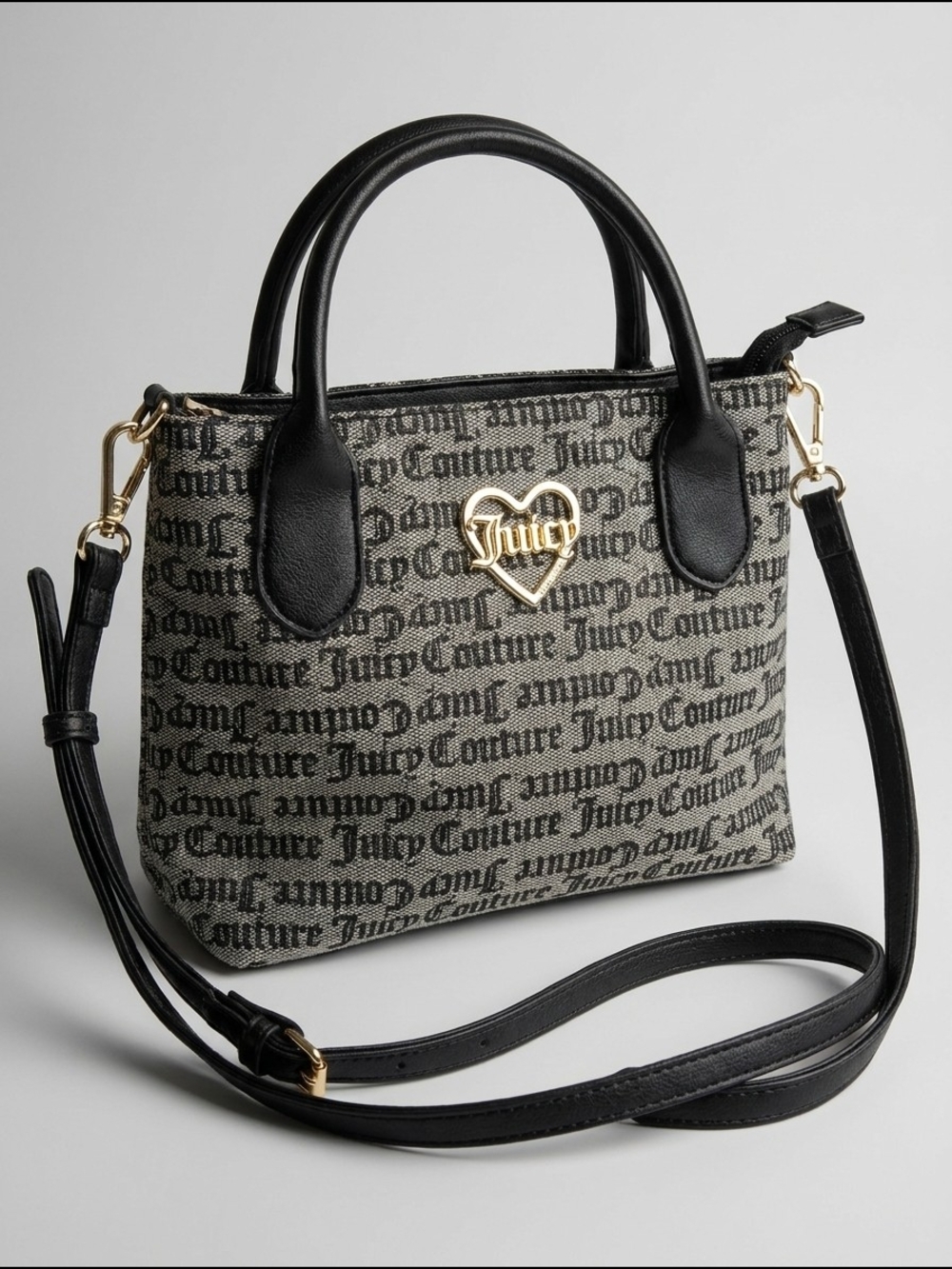 Juicy Couture Logo Mini Satchel Crossbody Bag Black Gray Heart Charm Purse‎